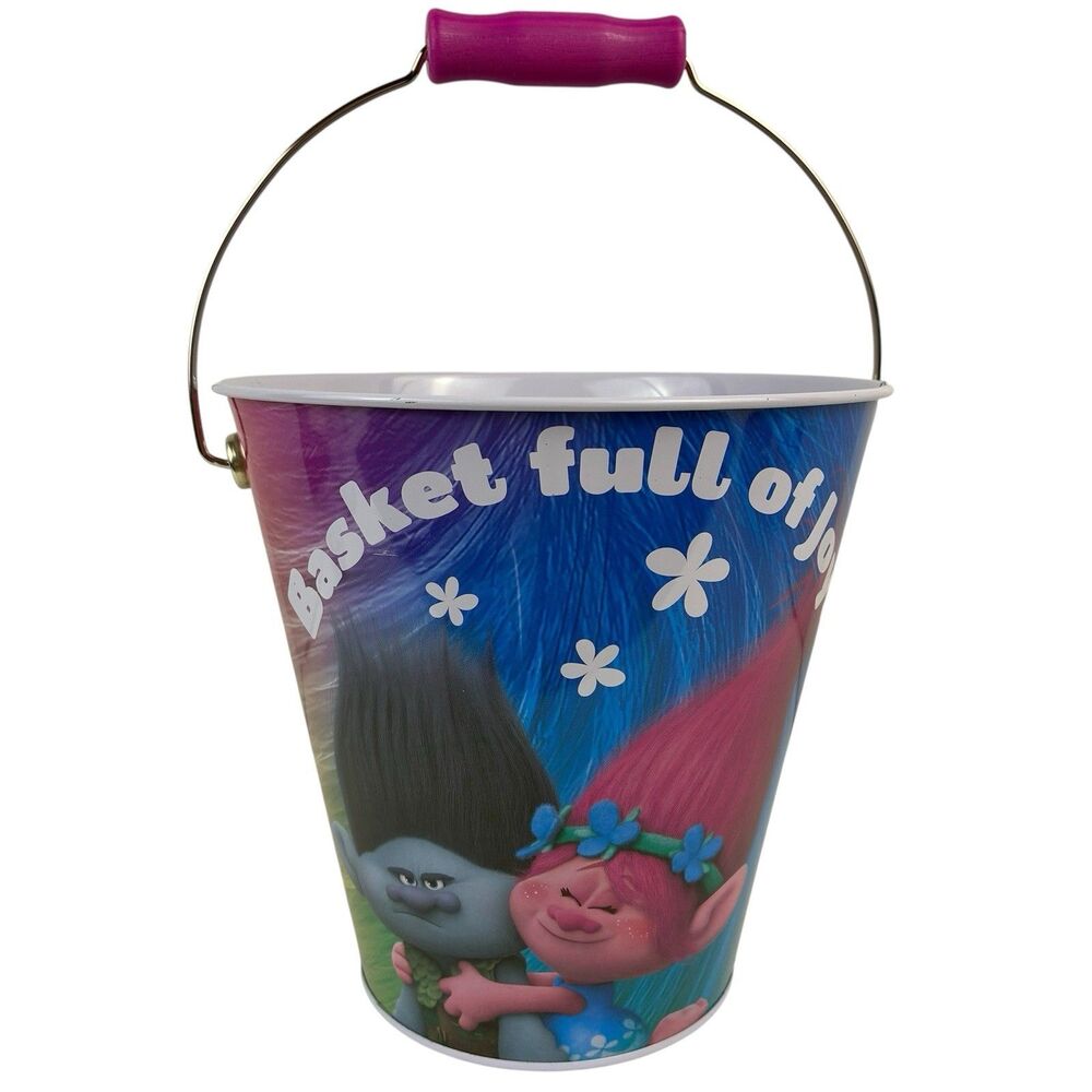 NWT Trolls 2017 Bucket Steel Tin Poppy & Branch Basket Full Of Joy DreamWorks